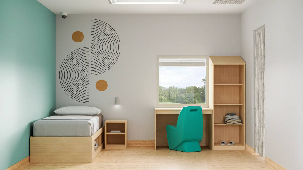 A patient room in a health care facility which includes a patient bed and desk furniture to work or study.