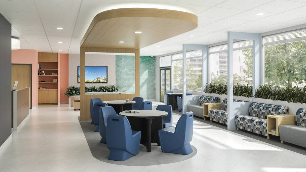 A photograph of an area designed for socialization within a behavioral health facility.